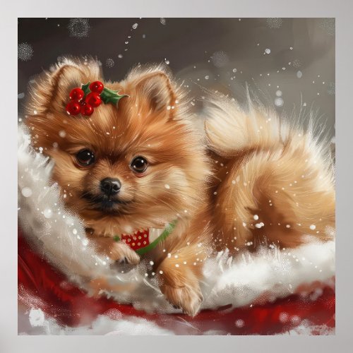 Pomeranian Dog Christmas Festive Poster