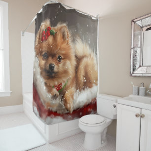 Pomeranian Dog Christmas Festive Shower Curtain