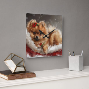 Pomeranian Dog Christmas Festive Square Wall Clock