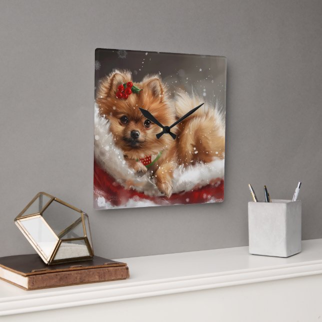 Pomeranian Dog Christmas Festive Square Wall Clock (Office)