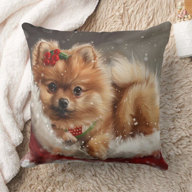Pomeranian Dog Christmas Festive Throw Pillow (Blanket)