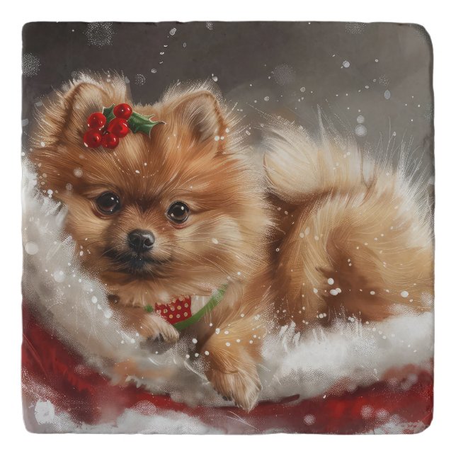 Pomeranian Dog Christmas Festive Trivet (Front)