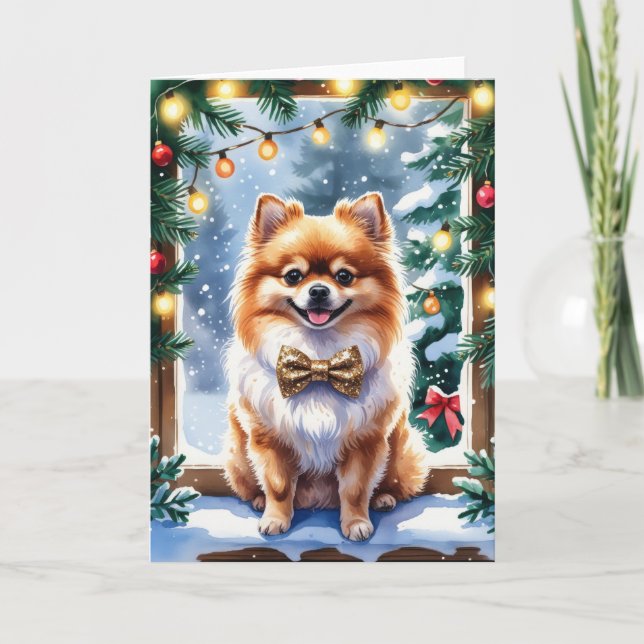 Pomeranian Dog Christmas Greeting Card (Front)