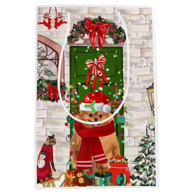 Pomeranian Dog Christmas  Medium Gift Bag (Front)
