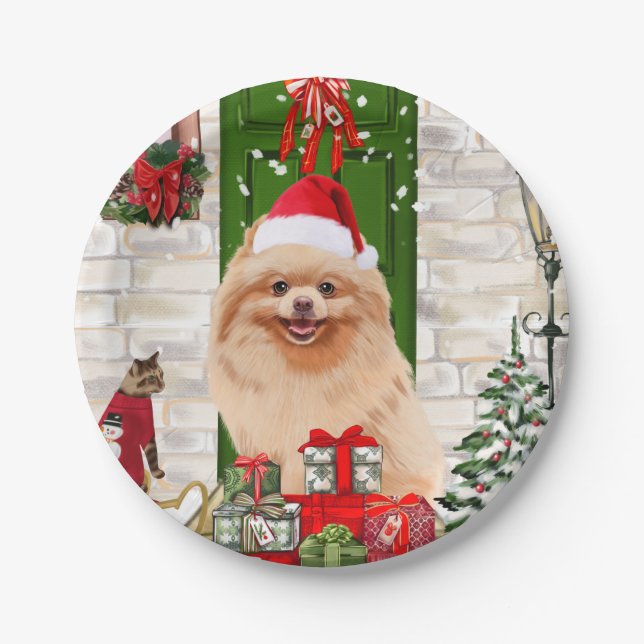 Pomeranian Dog Christmas  Paper Plates (Front)