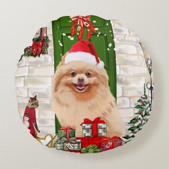Pomeranian Dog Christmas   Round Pillow (Front)