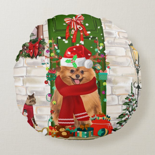 Pomeranian Dog Christmas  Round Pillow (Front)