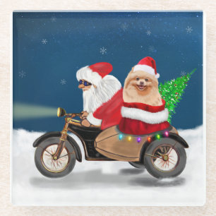 Pomeranian Dog Christmas Santa Claus Glass Coaster