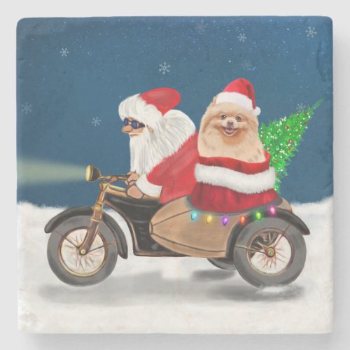 Pomeranian Dog Christmas Santa Claus   Stone Coaster