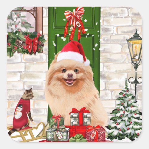 Pomeranian Dog Christmas   Square Sticker