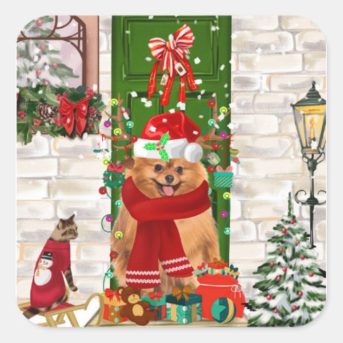 Pomeranian Dog Christmas  Square Sticker