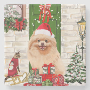 Pomeranian Dog Christmas Stone Coaster