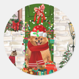 Pomeranian Dog Christmas Throw Pillow Classic Round Sticker