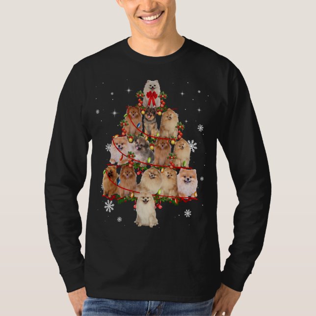 Pomeranian Dog Christmas Tree Lights Funny Dog Xma T-Shirt (Front)