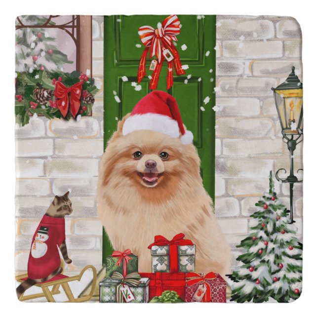Pomeranian Dog Christmas   Trivet (Front)