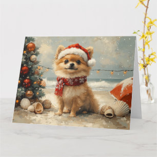 Pomeranian Dog Christmas Vintage Beach  Card