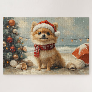 Pomeranian Dog Christmas Vintage Beach Jigsaw Puzzle