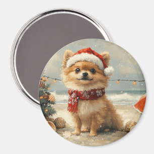 Pomeranian Dog Christmas Vintage Beach Magnet