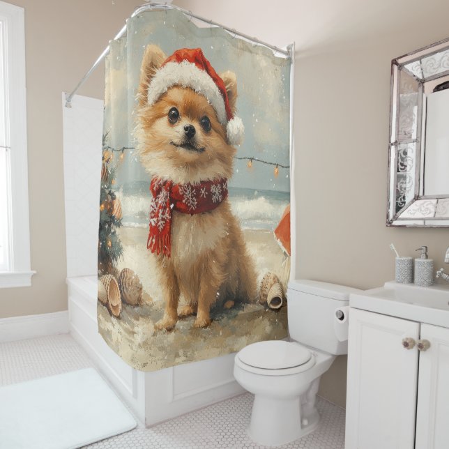 Pomeranian Dog Christmas Vintage Beach  Shower Curtain (In Situ)