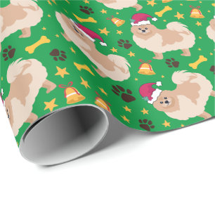 Pomeranian Dog Christmas With Santa hat, Green Wrapping Paper