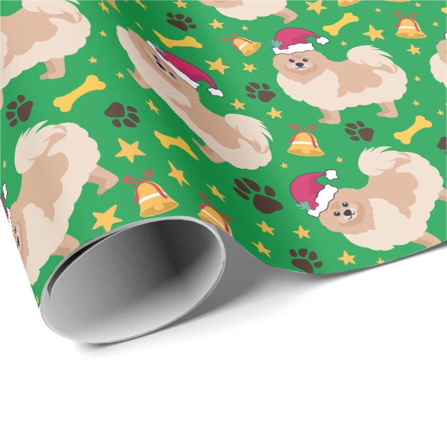 Pomeranian Dog Christmas With Santa hat, Green Wrapping Paper (Roll Corner)
