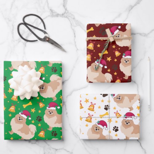 Pomeranian Dog Christmas With Santa hat Wrapping Paper Sheets
