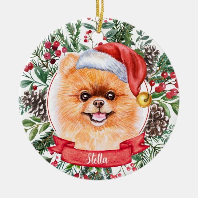 Pomeranian Dog Custom Santa Hat Christmas Ornament (Front)