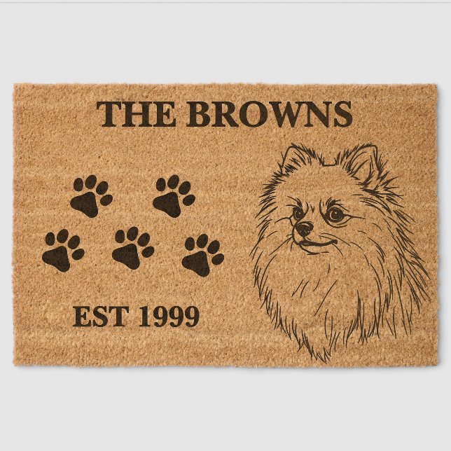 Pomeranian Dog Cute & Custom Family Name Welcome Fiber Doormat (Front)