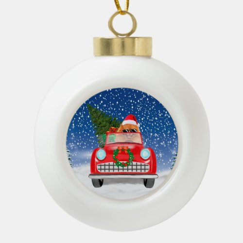 Pomeranian Dog Driving Car In Snow Christmas  Ceramic Ball Christmas Ornament