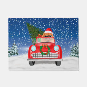 Pomeranian Dog Driving Car In Snow Christmas Doormat
