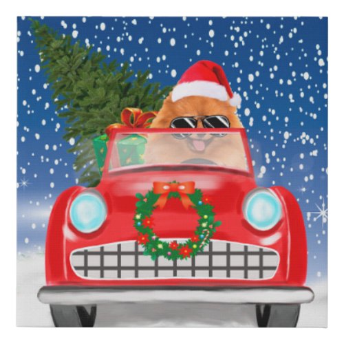 Pomeranian Dog Driving Car In Snow Christmas  Faux Canvas Print