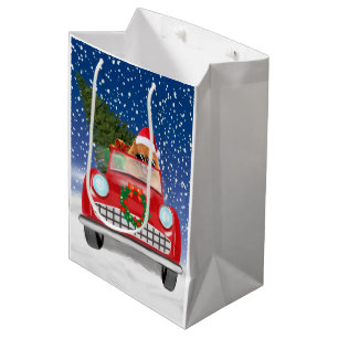 Pomeranian Dog Driving Car In Snow Christmas Medium Gift Bag