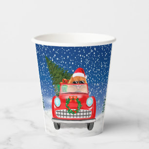 Pomeranian Dog Driving Car In Snow Christmas Paper Cups