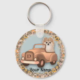 Pomeranian Dog Driving Car Keychain