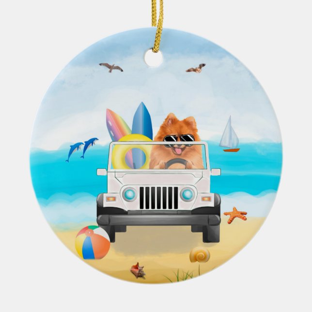 pomeranian Dog Driving on Beach  Ceramic Ornament (Front)