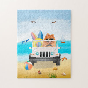 pomeranian Dog Driving on Beach Jigsaw Puzzle
