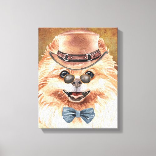 Pomeranian dog face wearing hat glasses watercolor canvas print