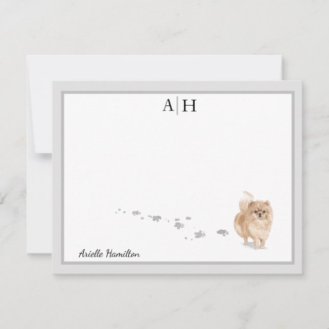 Pomeranian Dog Gray Border Monogram Personalized Note Card (Front)