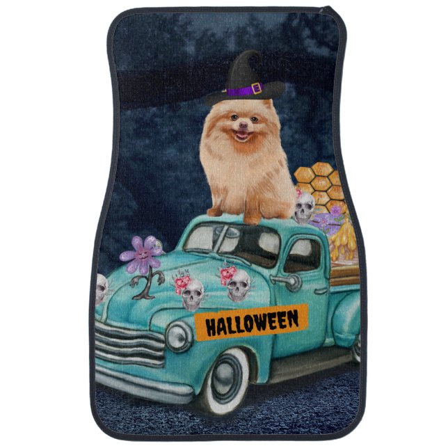Pomeranian Dog Halloween Truck Scary Night  Car Floor Mat (Front)