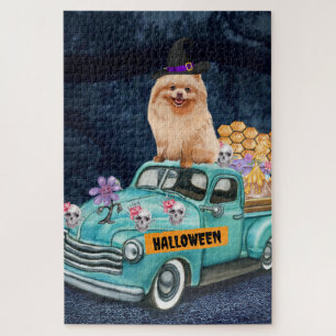 Pomeranian Dog Halloween Truck Scary Night Jigsaw Puzzle