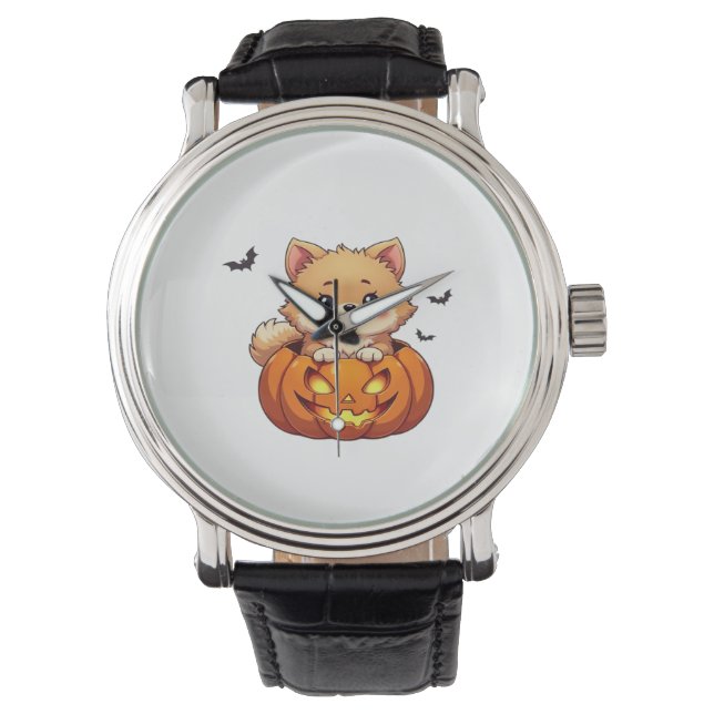 Pomeranian dog Happy Halloween pumpkin Classic T-S Watch (Front)