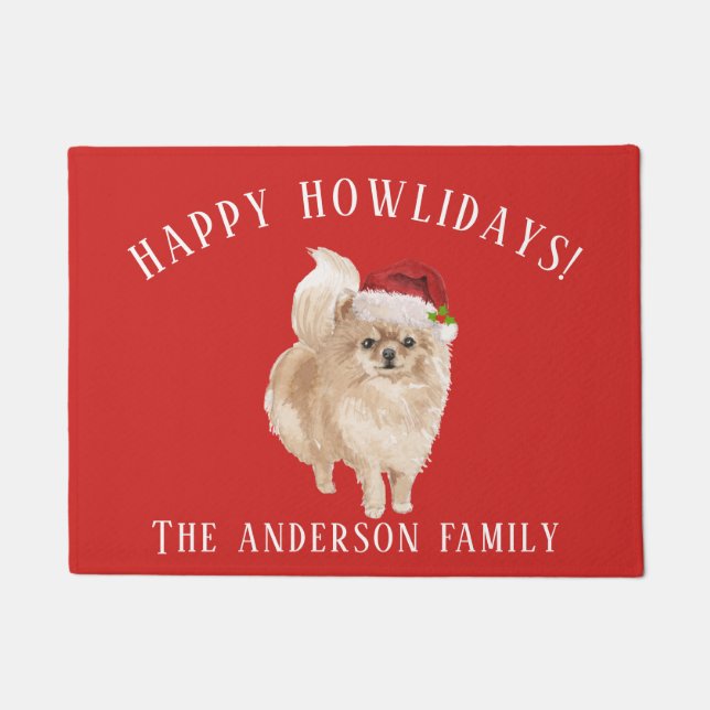 Pomeranian Dog Happy Howlidays Christmas Doormat (Front)