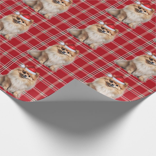 Pomeranian Dog Holiday Plaid Christmas Wrapping Paper (Corner)