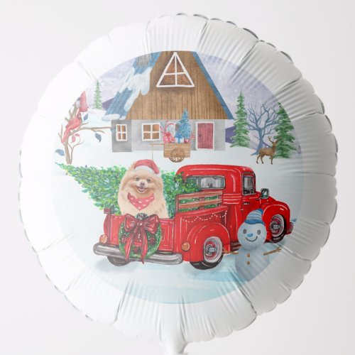 Pomeranian Dog In Christmas Delivery Truck Snow Balloon