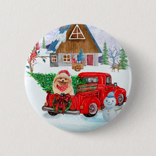 Pomeranian Dog In Christmas Delivery Truck Snow Button