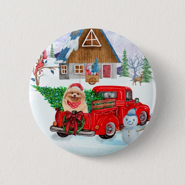 Pomeranian Dog In Christmas Delivery Truck Snow Button (Front)