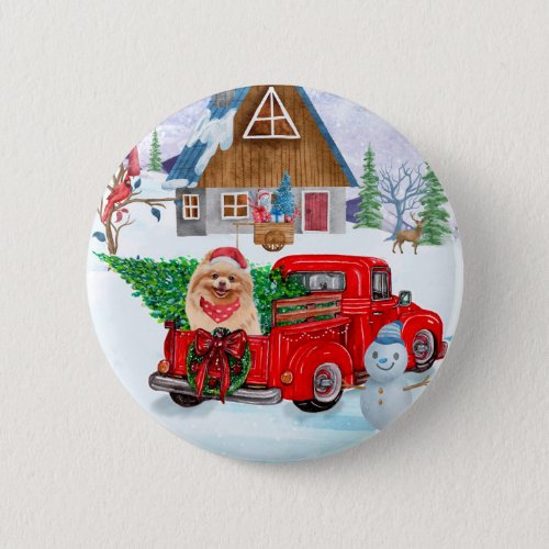 Pomeranian Dog In Christmas Delivery Truck Snow Button