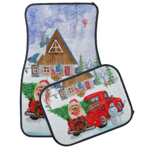 Pomeranian Dog In Christmas Delivery Truck Snow Car Floor Mat