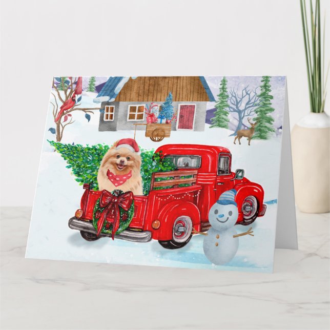 Pomeranian Dog In Christmas Delivery Truck Snow  Card (Front)