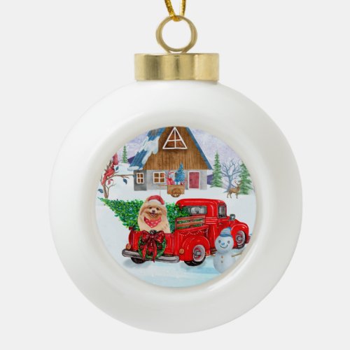 Pomeranian Dog In Christmas Delivery Truck Snow  Ceramic Ball Christmas Ornament